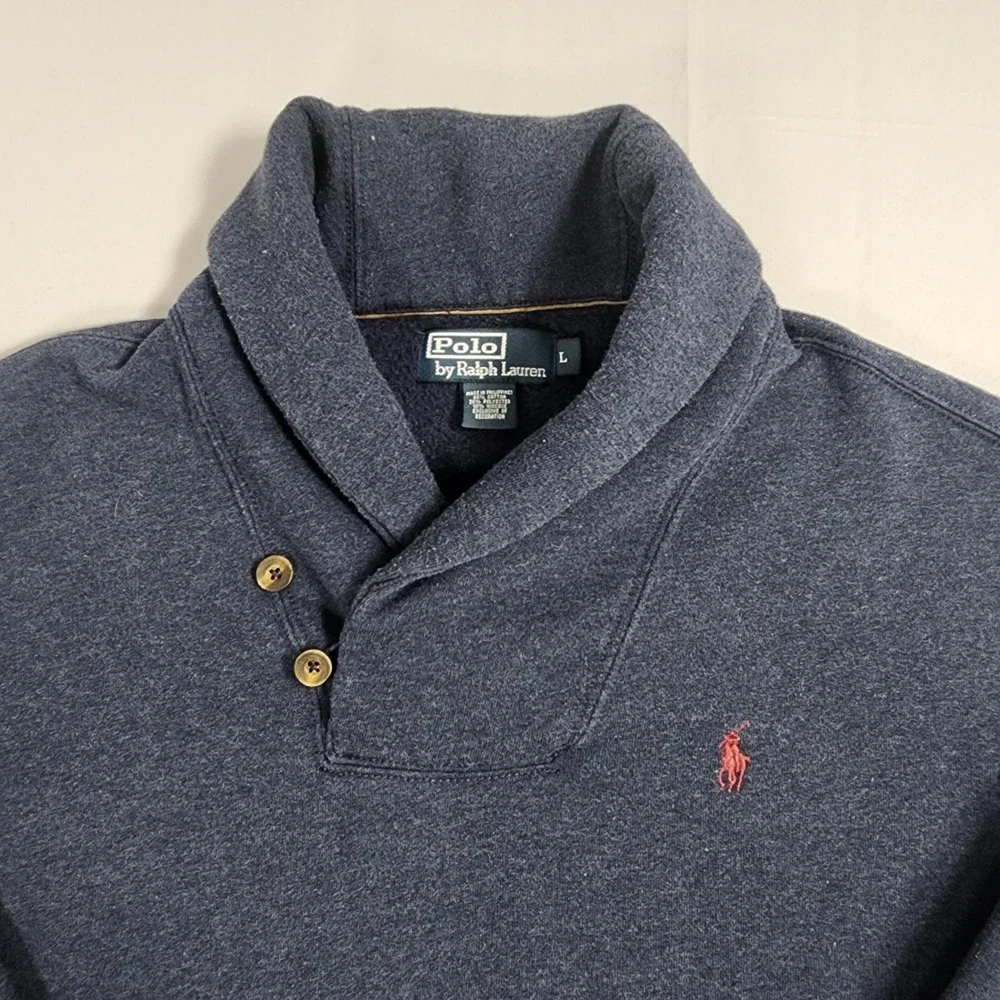 Polo Ralph Lauren Mens Blue Shawl Collar Fleece Pullover Elbow Patches Large